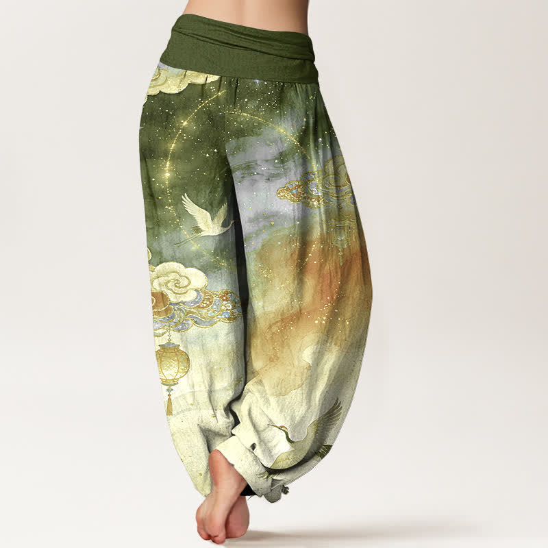 Nimara Ritual Pure Cotton Crane Cloud Lantern Night Sky Pattern Women's Elastic Waist Harem Pants