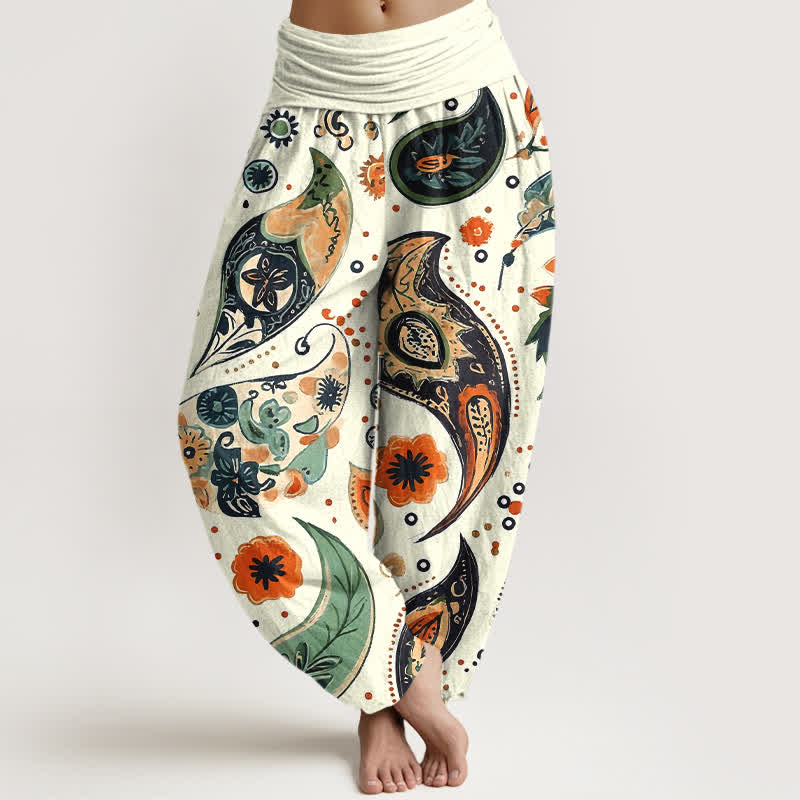 Nimara Ritual Pure Cotton Bohemian Paisley Sunflower Pattern Women's Elastic Waist Harem Pants