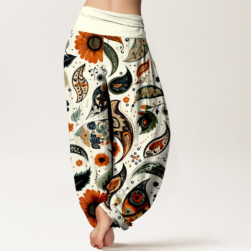 Nimara Ritual Pure Cotton Bohemian Paisley Sunflower Pattern Women's Elastic Waist Harem Pants