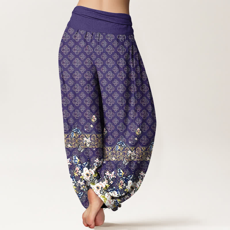 Nimara Ritual Pure Cotton Bohemian Floral Border Pattern Women's Elastic Waist Harem Pants