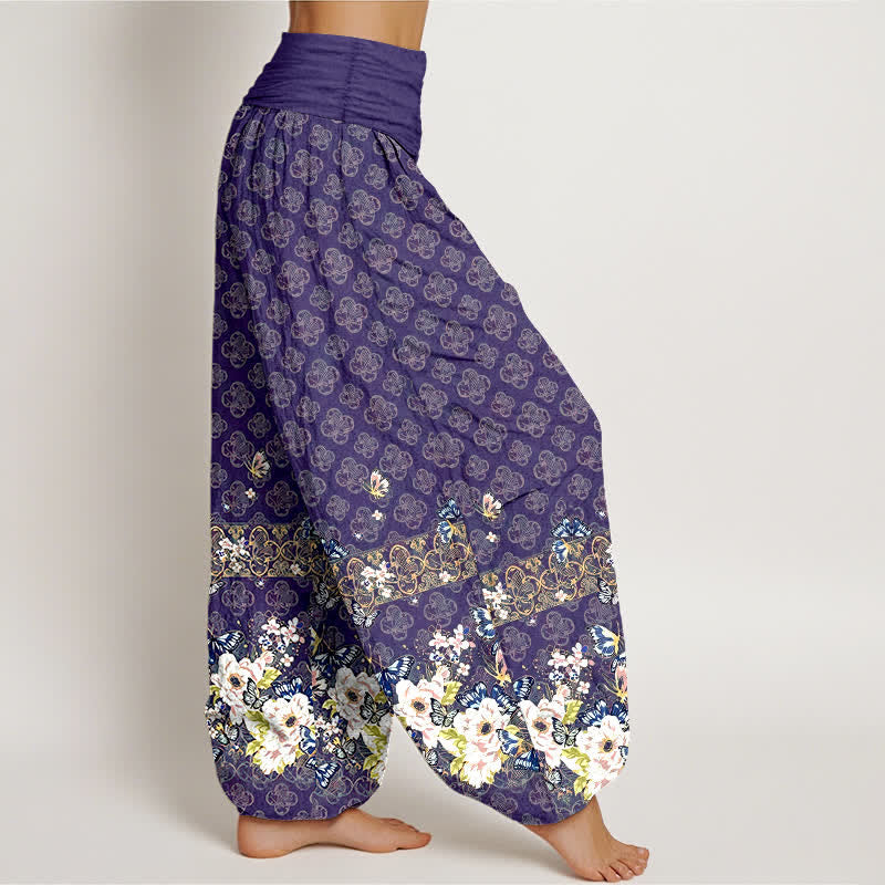 Nimara Ritual Pure Cotton Bohemian Floral Border Pattern Women's Elastic Waist Harem Pants