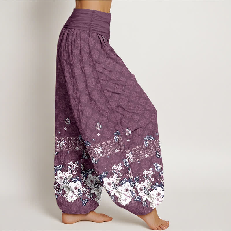 Nimara Ritual Pure Cotton Bohemian Floral Border Pattern Women's Elastic Waist Harem Pants