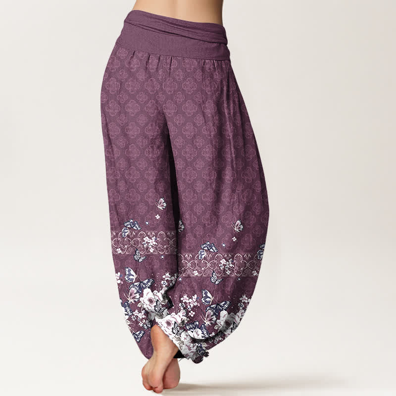 Nimara Ritual Pure Cotton Bohemian Floral Border Pattern Women's Elastic Waist Harem Pants