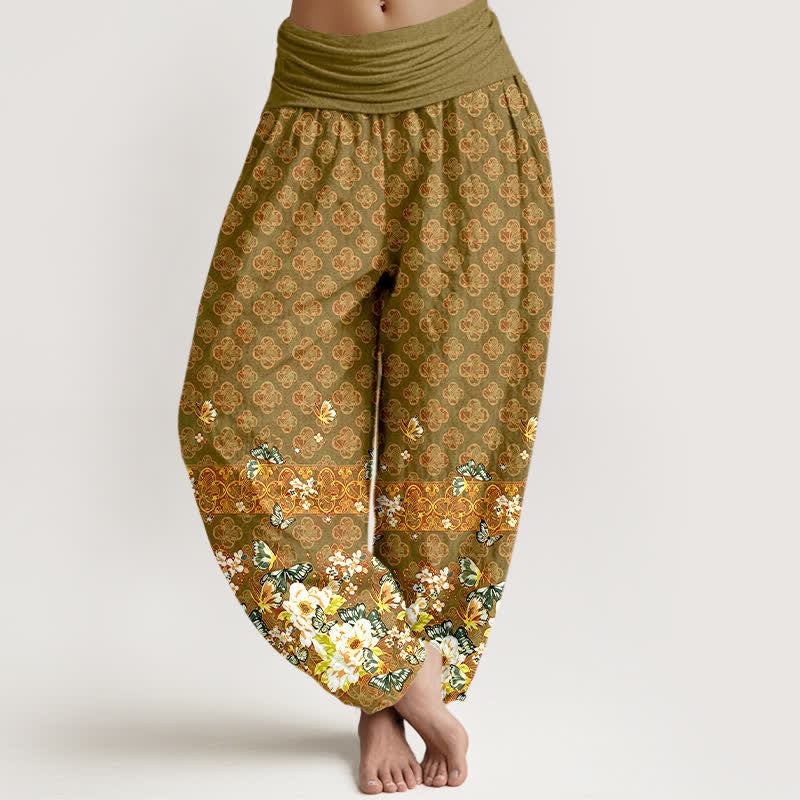 Nimara Ritual Pure Cotton Bohemian Floral Border Pattern Women's Elastic Waist Harem Pants