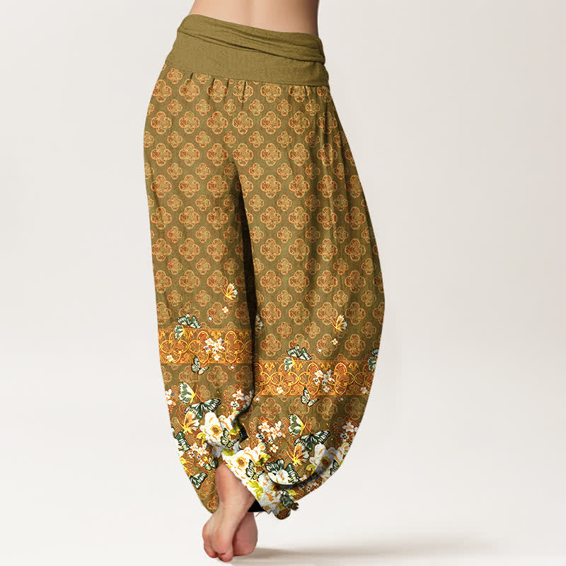 Nimara Ritual Pure Cotton Bohemian Floral Border Pattern Women's Elastic Waist Harem Pants