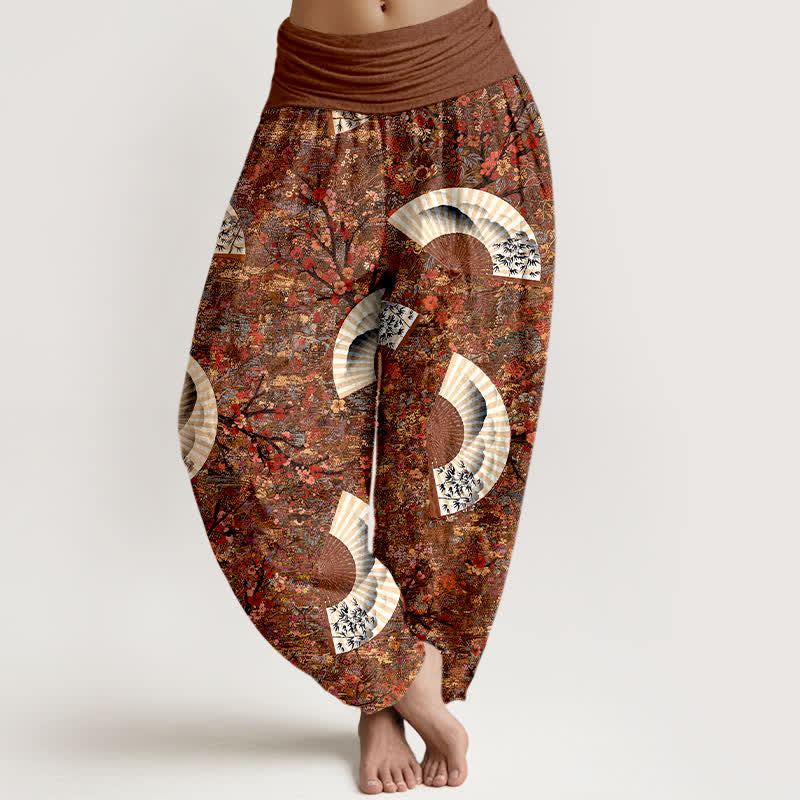 Nimara Ritual Cotton Soft Drapey Ivory Fan Pattern Women's Elastic Waist Harem Pants