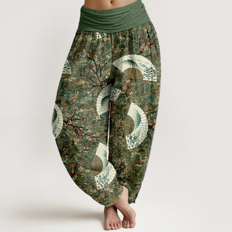 Nimara Ritual Cotton Soft Drapey Ivory Fan Pattern Women's Elastic Waist Harem Pants