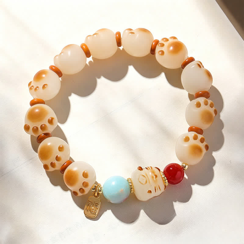 Nimara Ritual Natural Bodhi Seed Fu Character Cat Paw Design Luck Bracelet