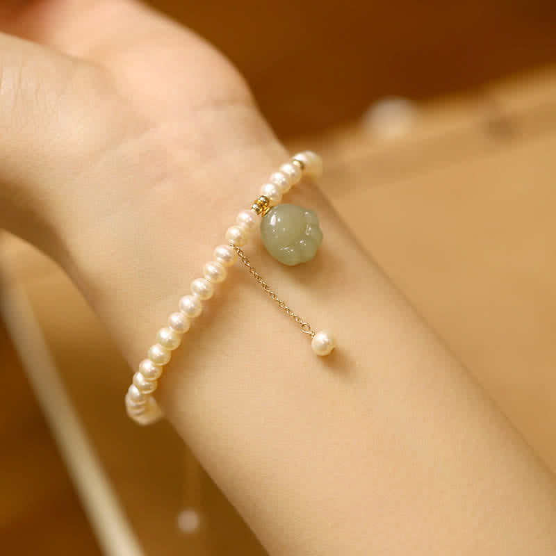 Nimara Ritual Natural Hetian Jade Cat Paw Design Pearl Luck Bracelet