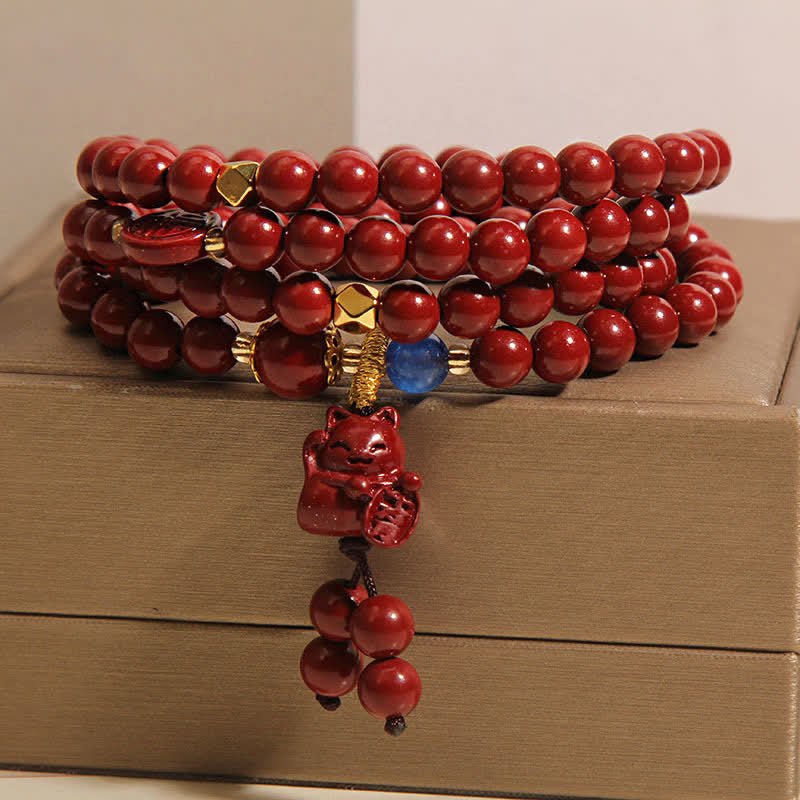 Nimara Ritual Tibetan 108 Beads Cinnabar Lucky Cat Fu Character Fortune Mala