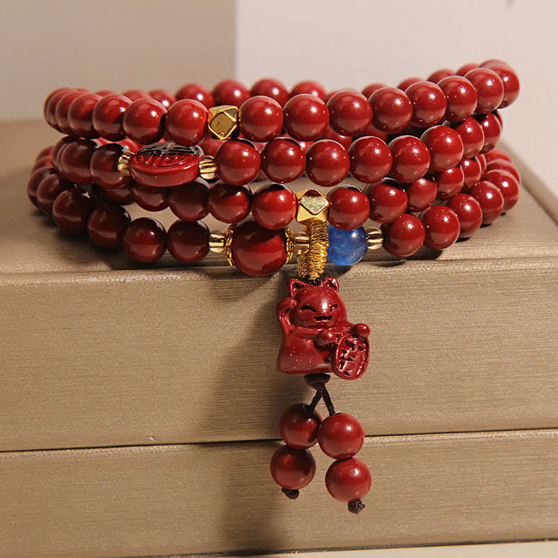 Nimara Ritual Tibetan 108 Beads Cinnabar Lucky Cat Fu Character Fortune Mala