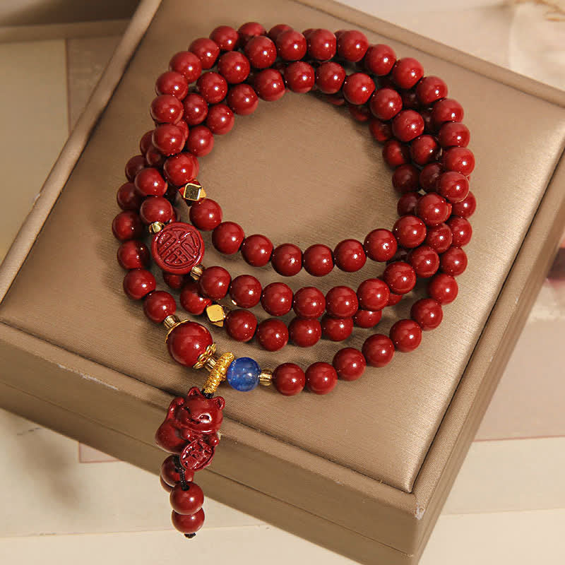 Nimara Ritual Tibetan 108 Beads Cinnabar Lucky Cat Fu Character Fortune Mala