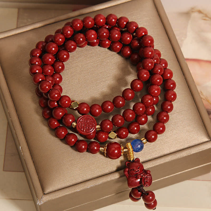 Nimara Ritual Tibetan 108 Beads Cinnabar Lucky Cat Fu Character Fortune Mala