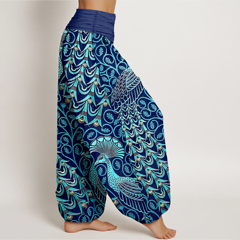 Nimara Ritual Pure Cotton Peacock Feather Vine Pattern Women's Elastic Waist Harem Pants