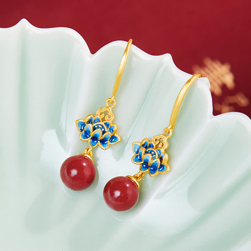 Nimara Ritual Cinnabar 925 Sterling Silver Enamel Lotus Drop Earrings