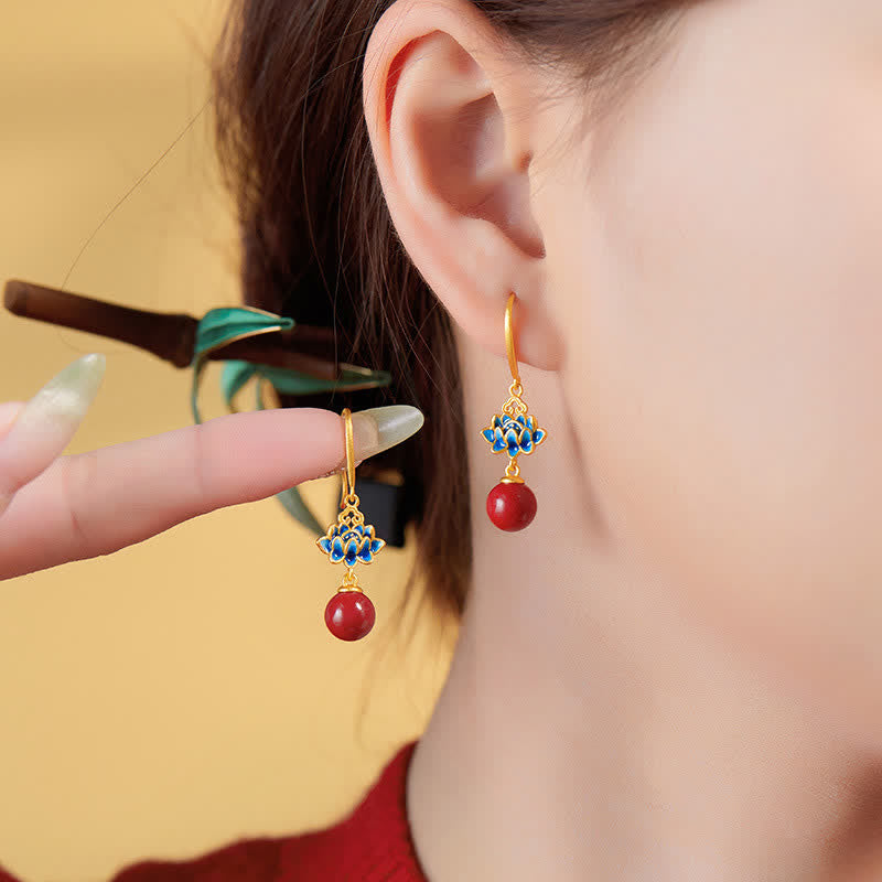 Nimara Ritual Cinnabar 925 Sterling Silver Enamel Lotus Drop Earrings