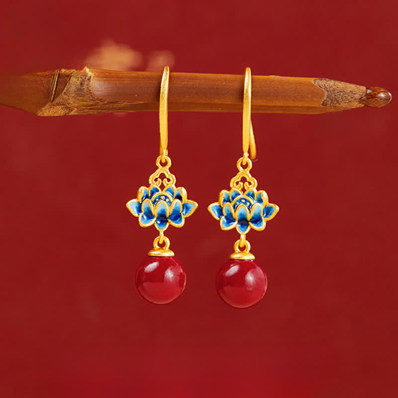 Nimara Ritual Cinnabar 925 Sterling Silver Enamel Lotus Drop Earrings