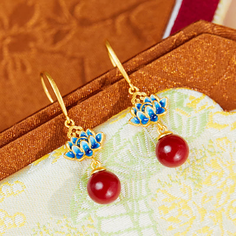Nimara Ritual Cinnabar 925 Sterling Silver Enamel Lotus Drop Earrings