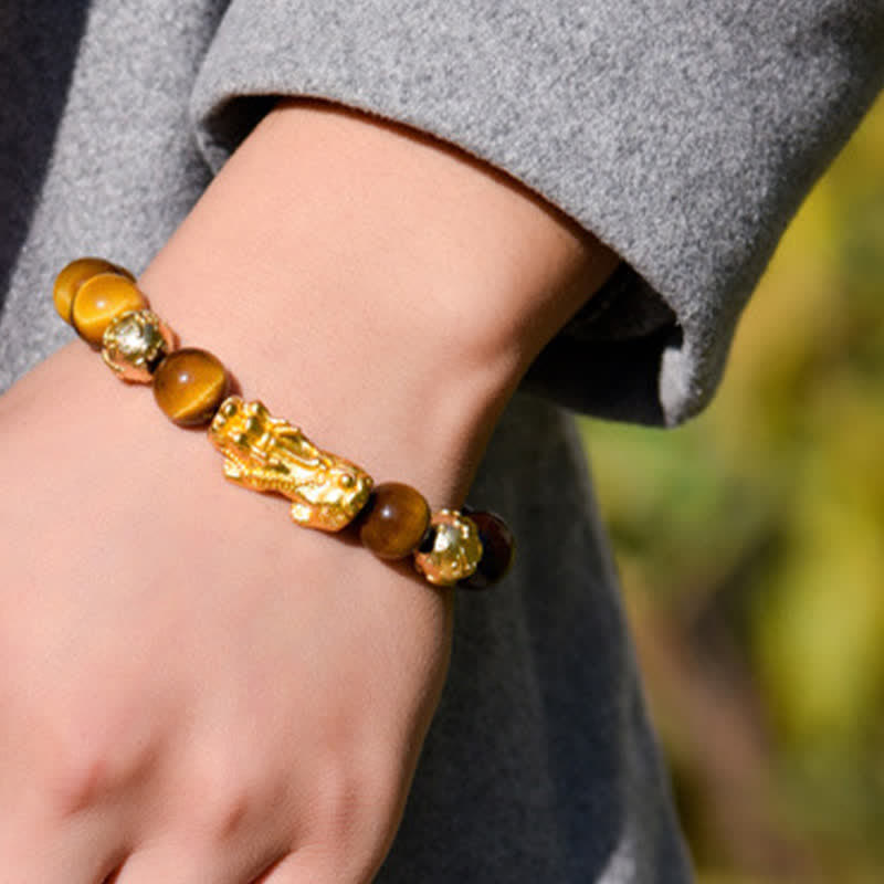 Nimara Ritual Natural Tiger Eye Pixiu Fu Character Om Mani Padme Hum Bead Courage Bracelet
