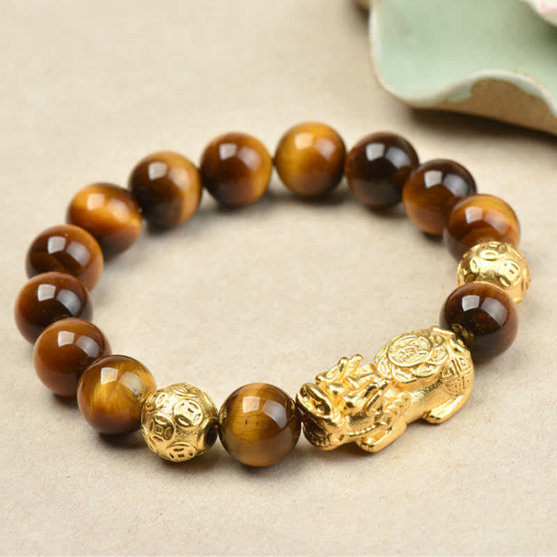 Nimara Ritual Natural Tiger Eye Pixiu Fu Character Om Mani Padme Hum Bead Courage Bracelet