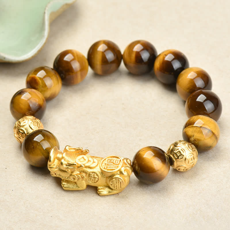 Nimara Ritual Natural Tiger Eye Pixiu Fu Character Om Mani Padme Hum Bead Courage Bracelet