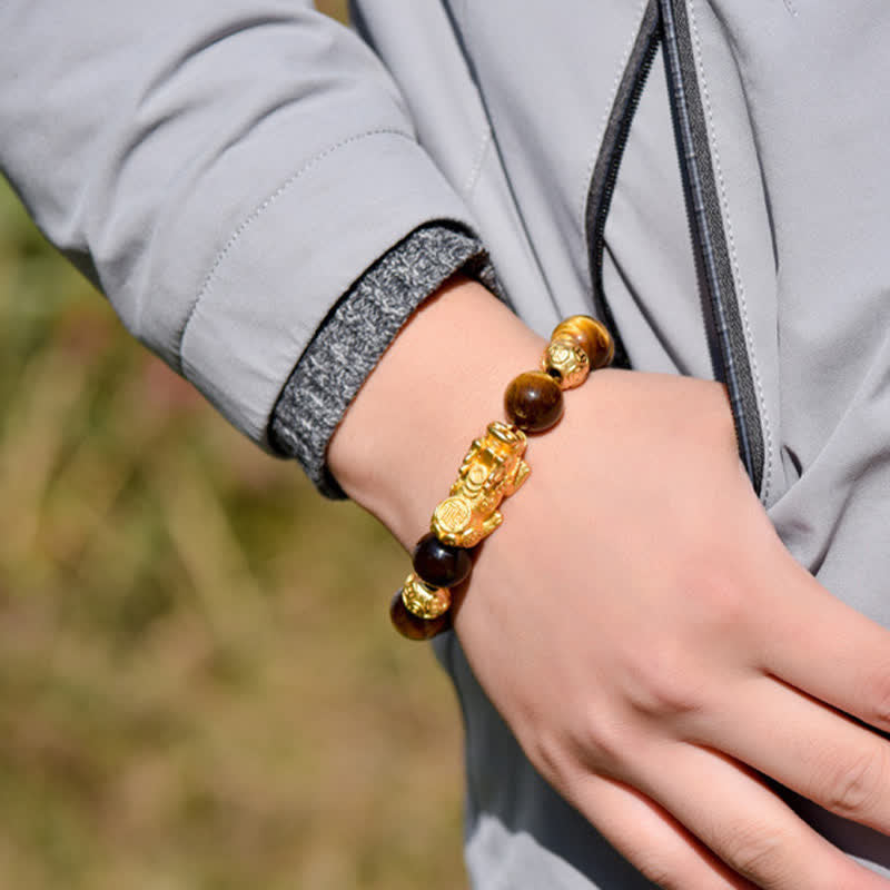 Nimara Ritual Natural Tiger Eye Pixiu Fu Character Om Mani Padme Hum Bead Courage Bracelet
