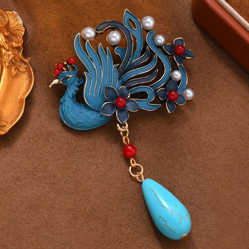 Protection and Strength Blue Phoenix Flower Pearl Turquoise Brooch