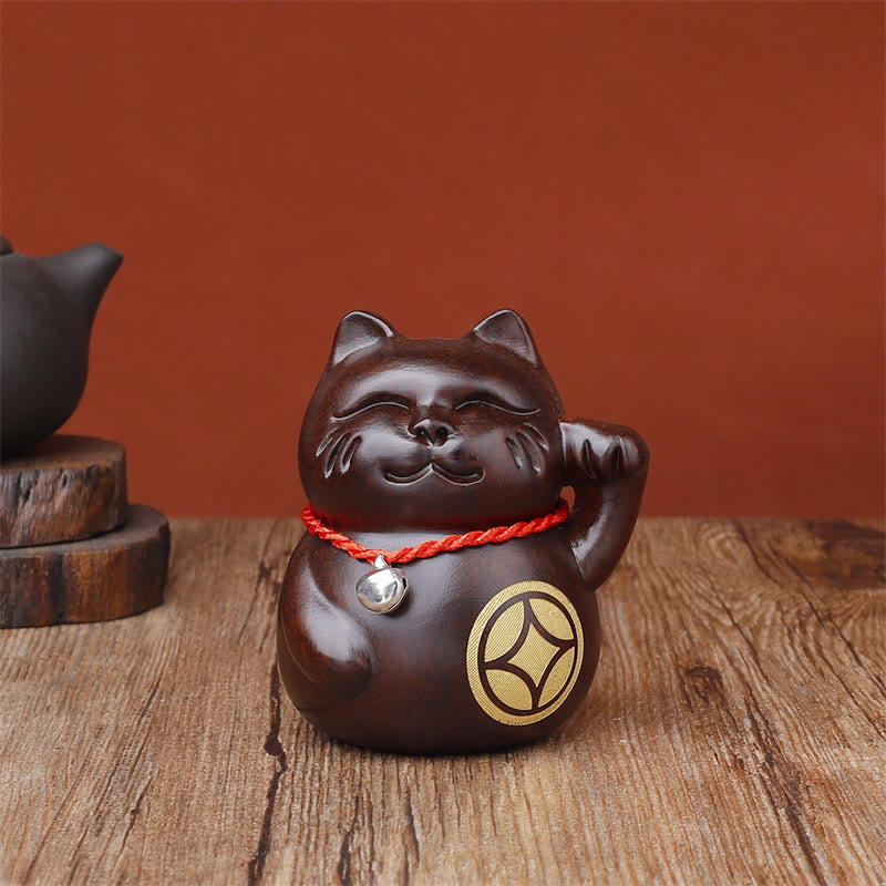 Nimara Ritual Mini Lucky Cat Ebony Wood Carved Decoration 8cm