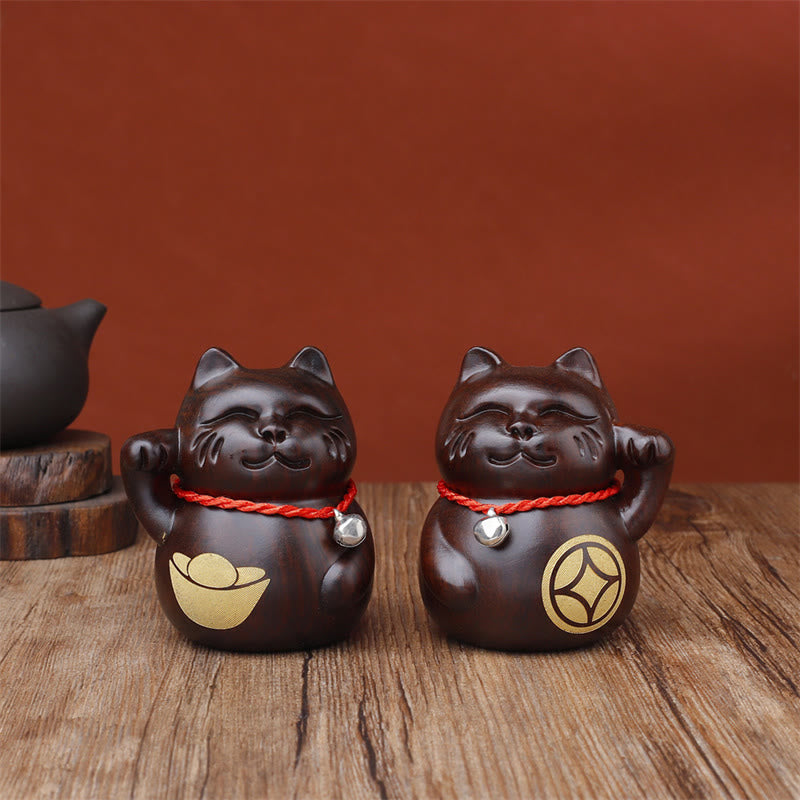 Nimara Ritual Mini Lucky Cat Ebony Wood Carved Decoration 8cm
