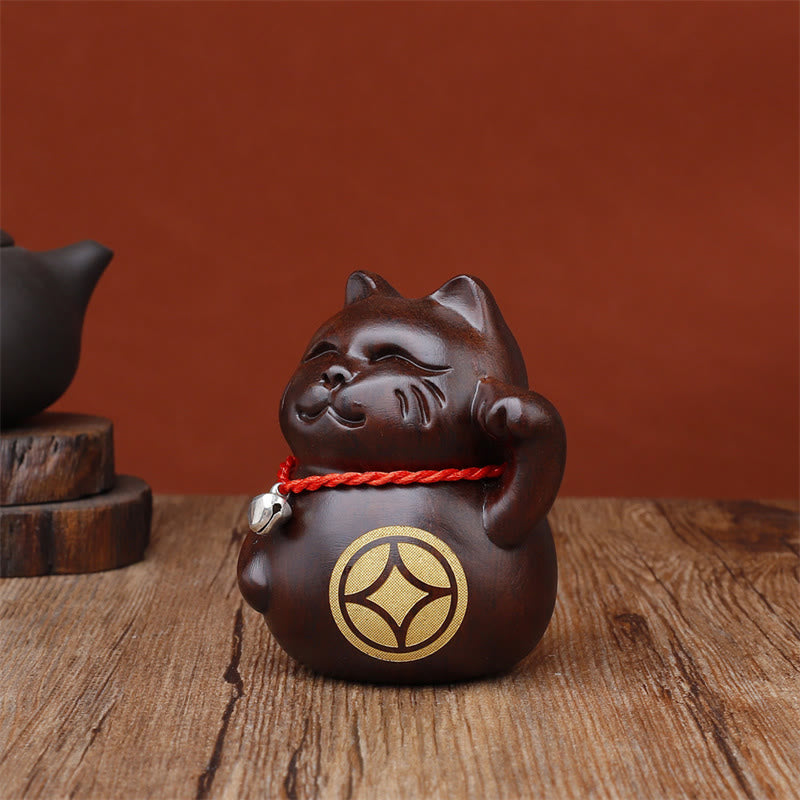 Nimara Ritual Mini Lucky Cat Ebony Wood Carved Decoration 8cm