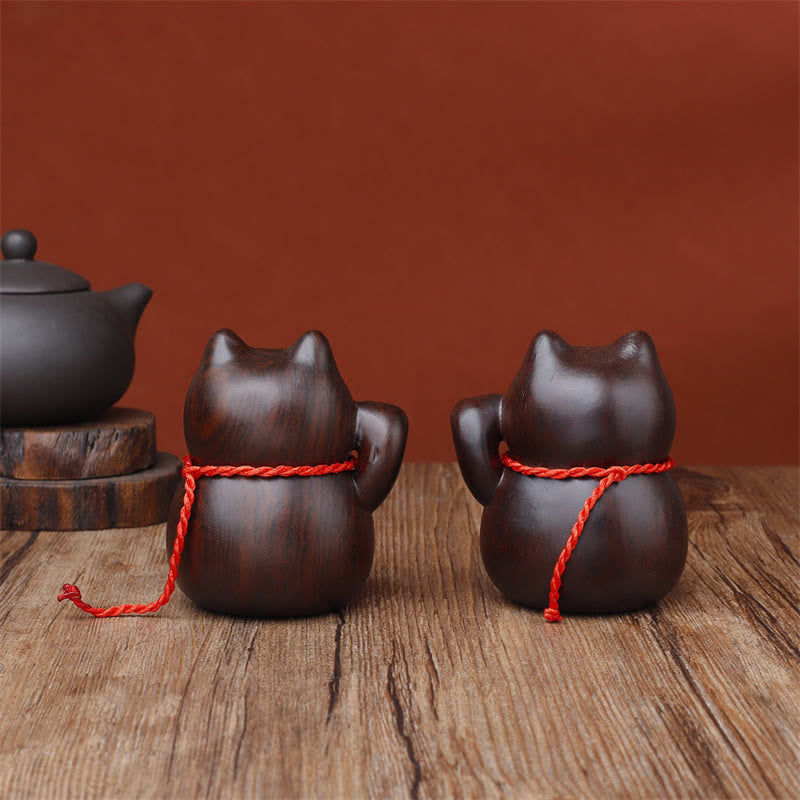 Nimara Ritual Mini Lucky Cat Ebony Wood Carved Decoration 8cm