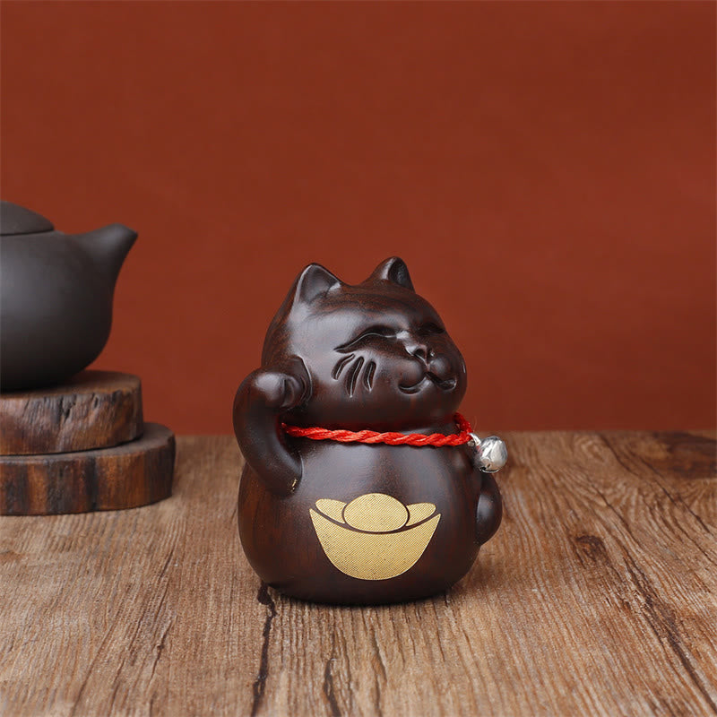 Nimara Ritual Mini Lucky Cat Ebony Wood Carved Decoration 8cm