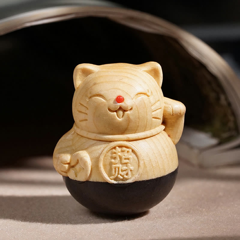Nimara Ritual Attract Wealth Mini Lucky Cat Ebony Beech Wood Carved Protection Decoration 4.7*4cm