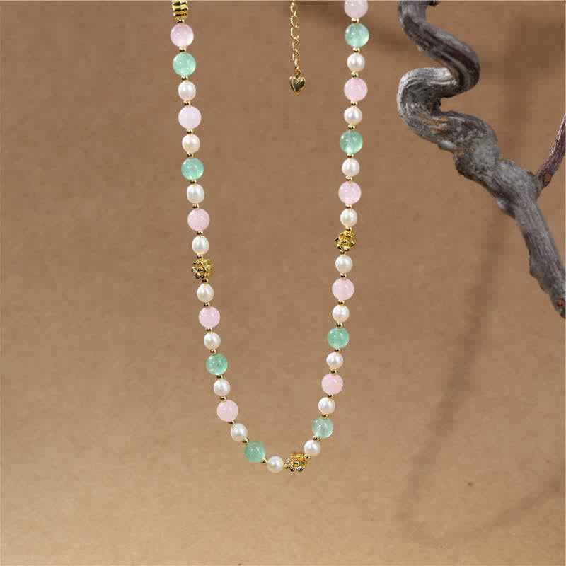 Nimara Ritual Natural Rose Quartz Green Strawberry Quartz Pearl Bead Peace Necklace