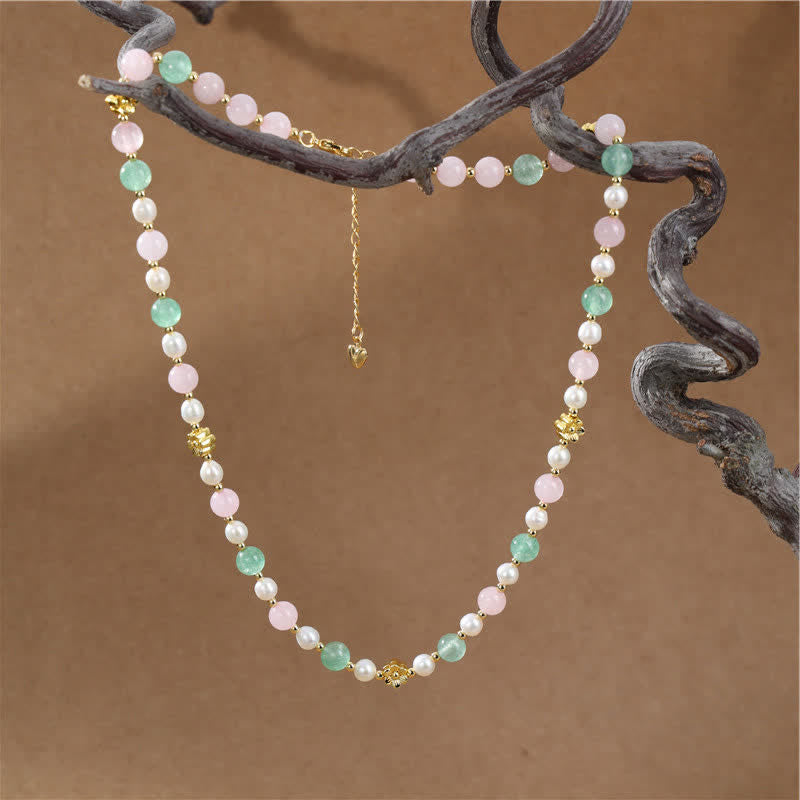 Nimara Ritual Natural Rose Quartz Green Strawberry Quartz Pearl Bead Peace Necklace