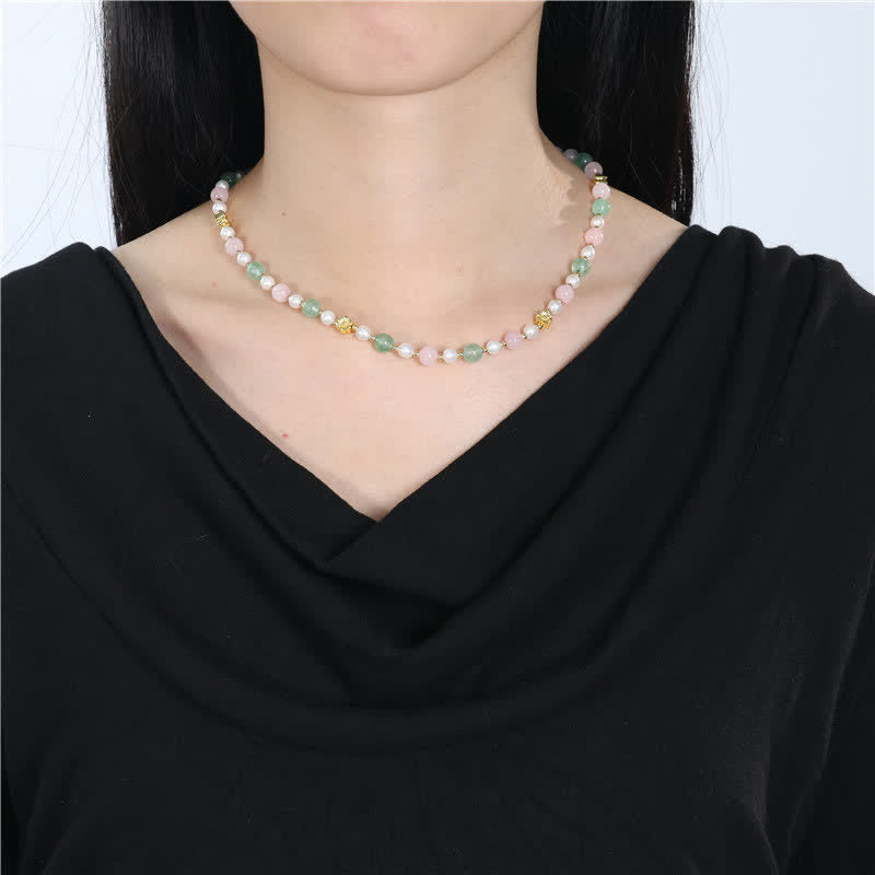 Nimara Ritual Natural Rose Quartz Green Strawberry Quartz Pearl Bead Peace Necklace