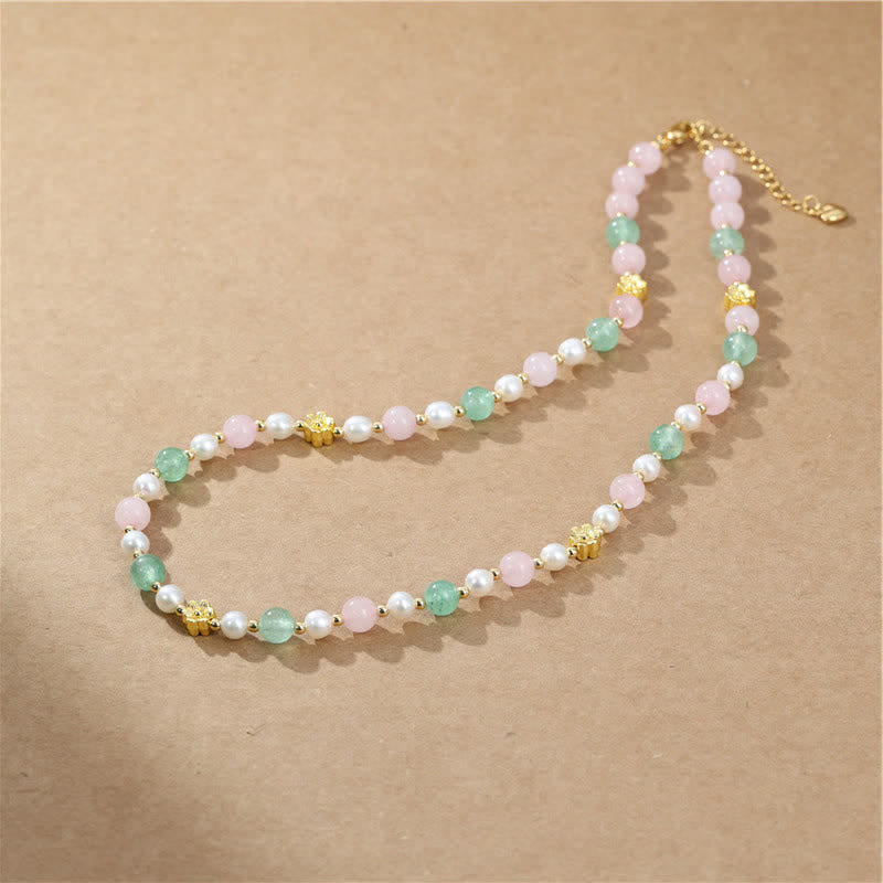 Nimara Ritual Natural Rose Quartz Green Strawberry Quartz Pearl Bead Peace Necklace
