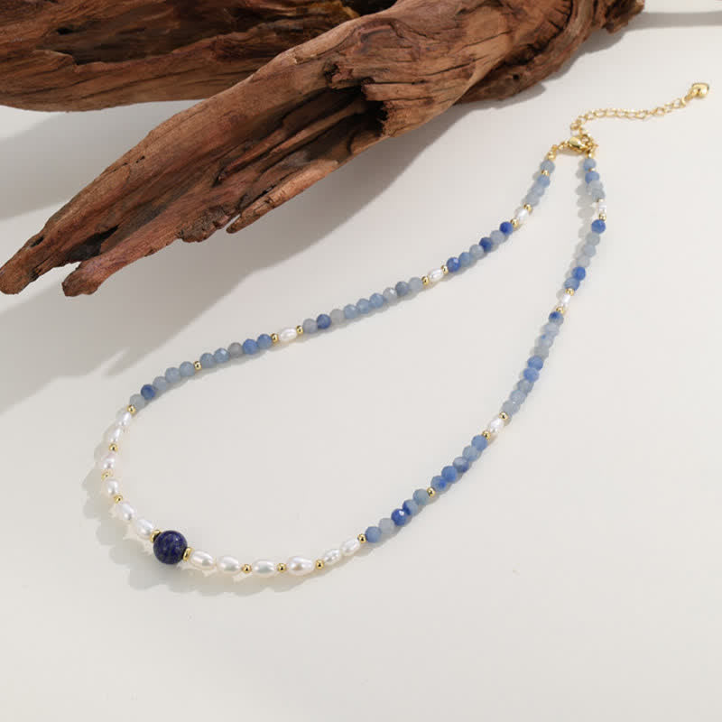 Nimara Ritual Natural Blue Aventurine Lapis Lazuli Pearl Bead Concentration Necklace