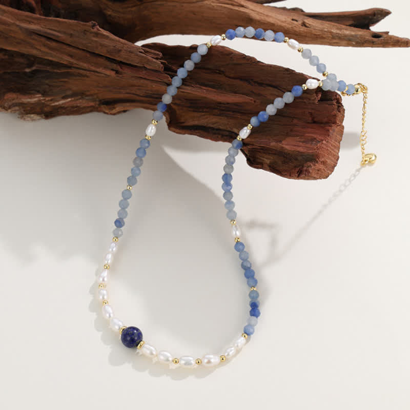 Nimara Ritual Natural Blue Aventurine Lapis Lazuli Pearl Bead Concentration Necklace