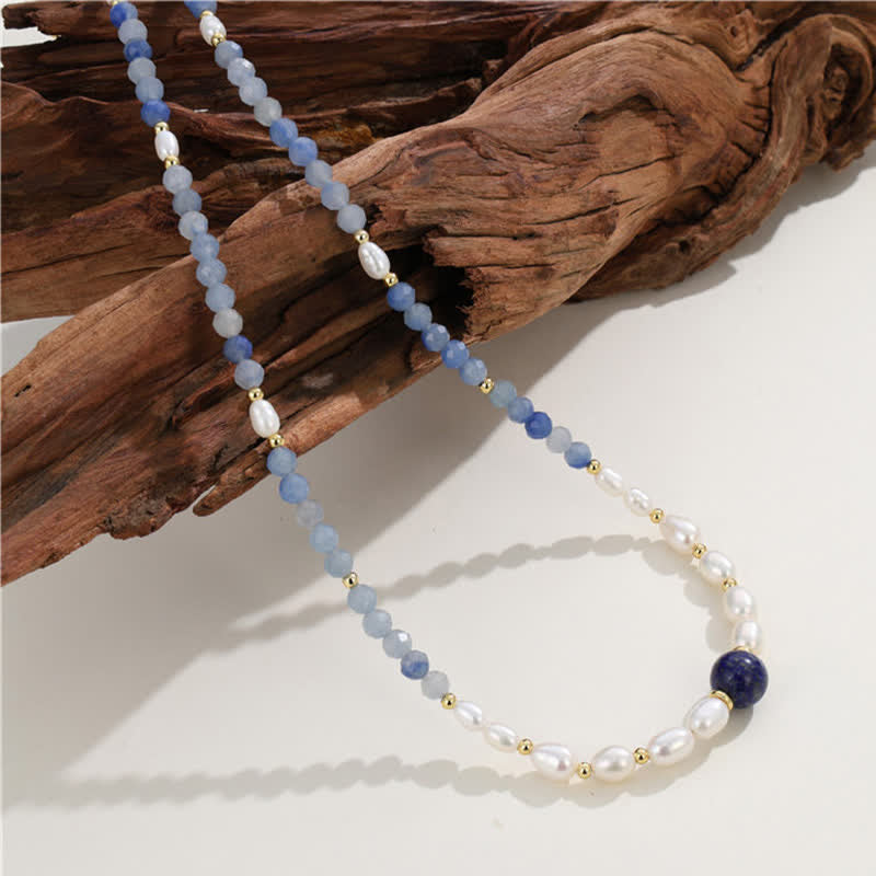 Nimara Ritual Natural Blue Aventurine Lapis Lazuli Pearl Bead Concentration Necklace
