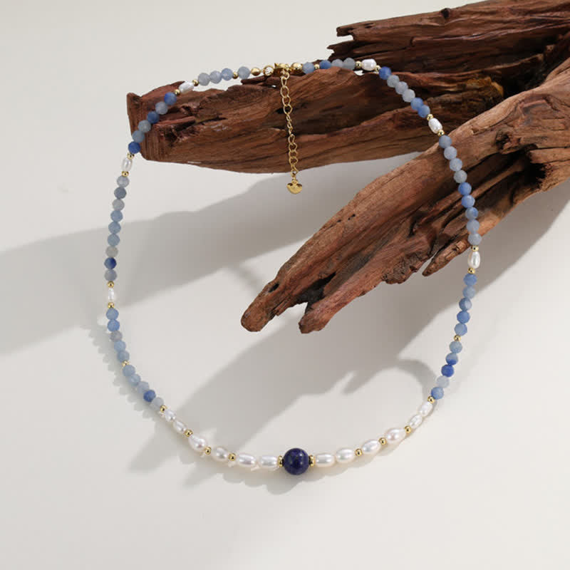 Nimara Ritual Natural Blue Aventurine Lapis Lazuli Pearl Bead Concentration Necklace