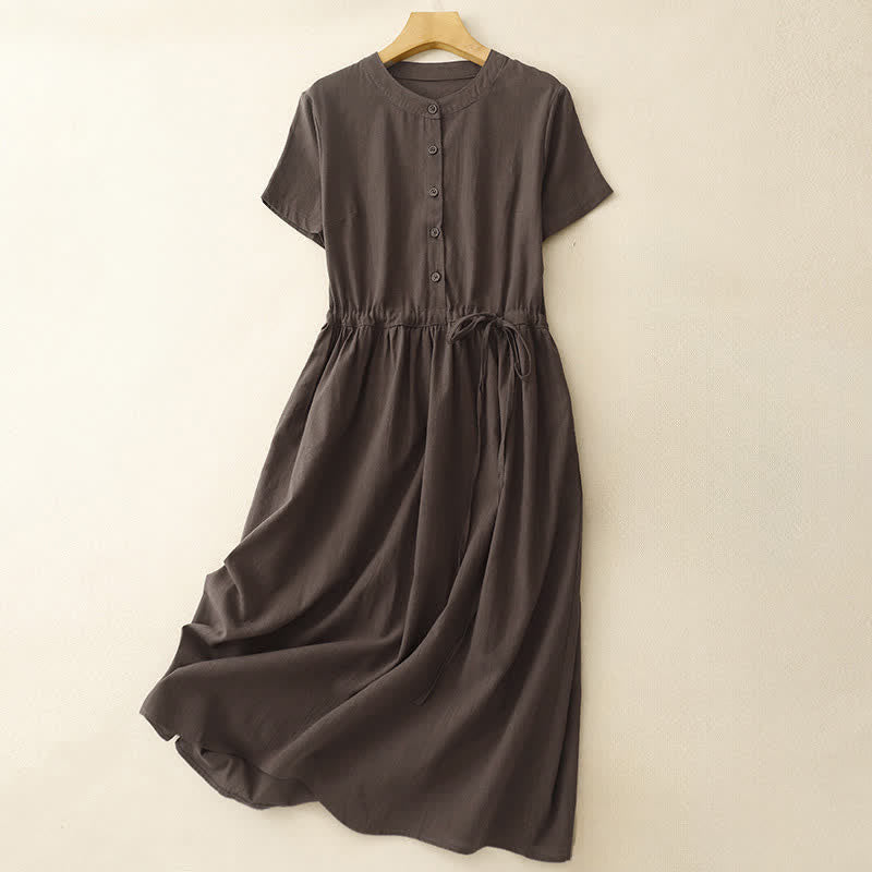 Nimara Ritual Summer Minimalist Button-Up Drawstring Solid Women's Short Sleeve Dress With Pockets