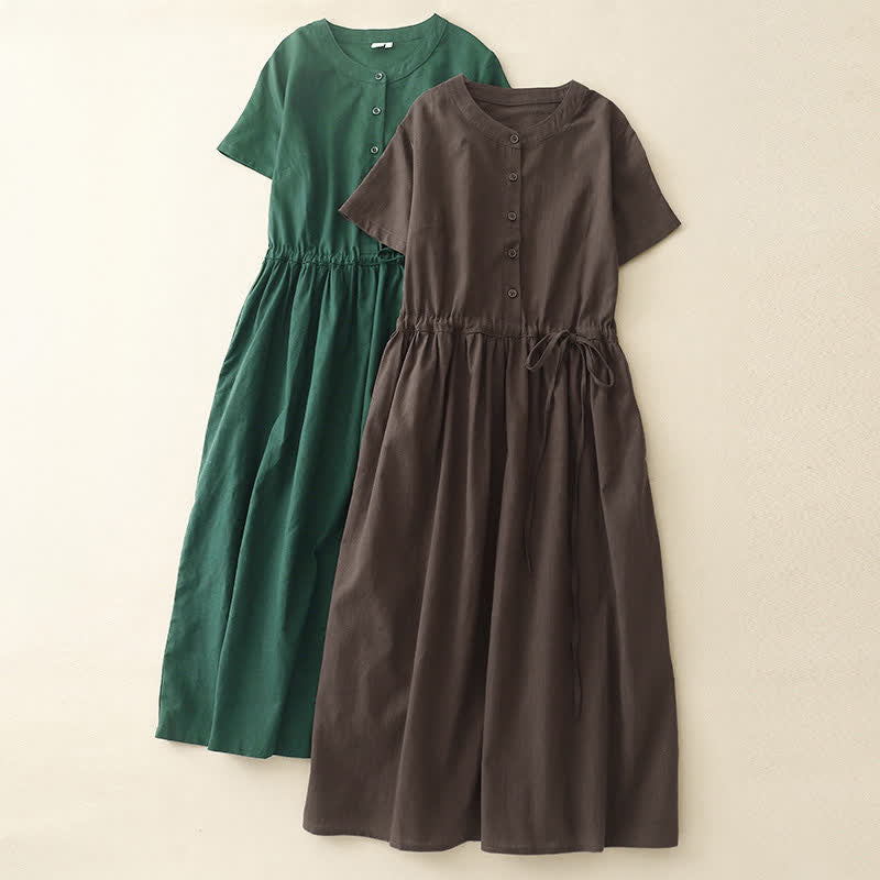Nimara Ritual Summer Minimalist Button-Up Drawstring Solid Women's Short Sleeve Dress With Pockets