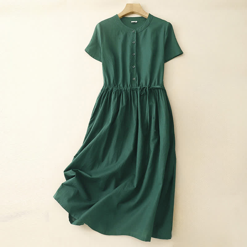 Nimara Ritual Summer Minimalist Button-Up Drawstring Solid Women's Short Sleeve Dress With Pockets