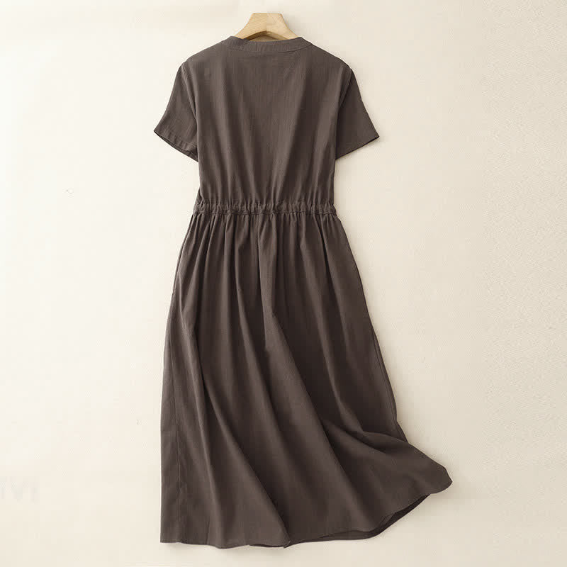 Nimara Ritual Summer Minimalist Button-Up Drawstring Solid Women's Short Sleeve Dress With Pockets