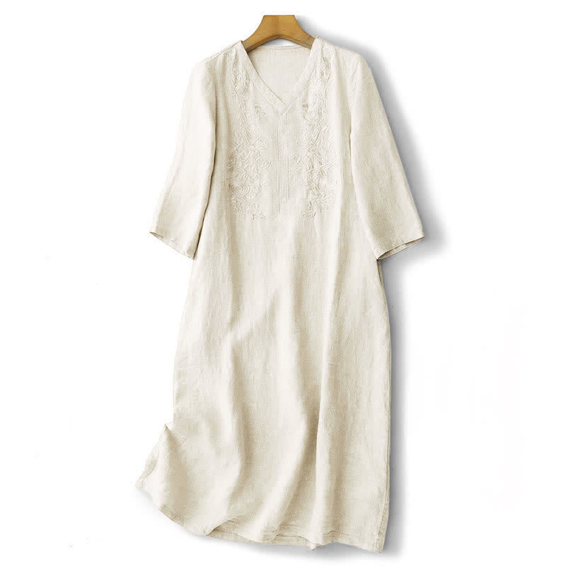 Nimara Ritual Summer Embroidery Solid Women's Short Sleeve Dress With Pockets