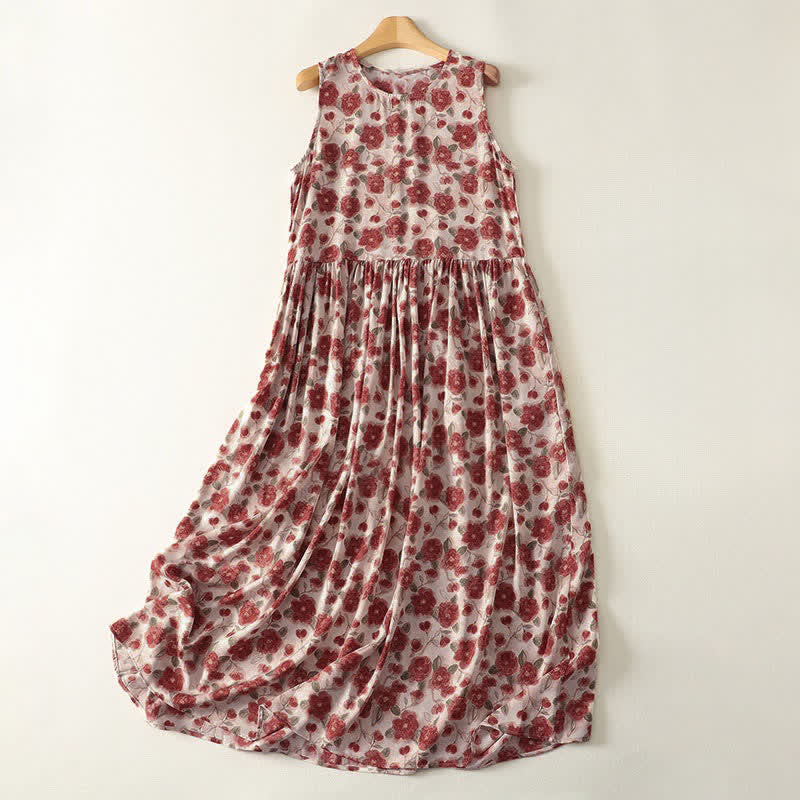 Nimara Ritual Summer Floral Print Chiffon Women's Summer Sleeveless Dress With Pockets