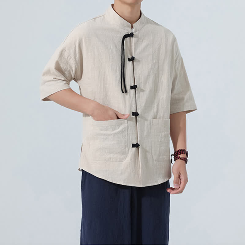 Nimara Ritual Summer Casual Mandarin Collar Frog Button Solid Men's Short Sleeve Shirt With Pockets