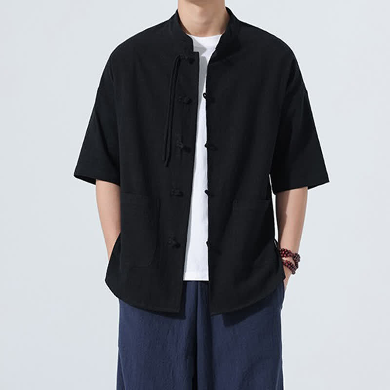 Nimara Ritual Summer Casual Mandarin Collar Frog Button Solid Men's Short Sleeve Shirt With Pockets