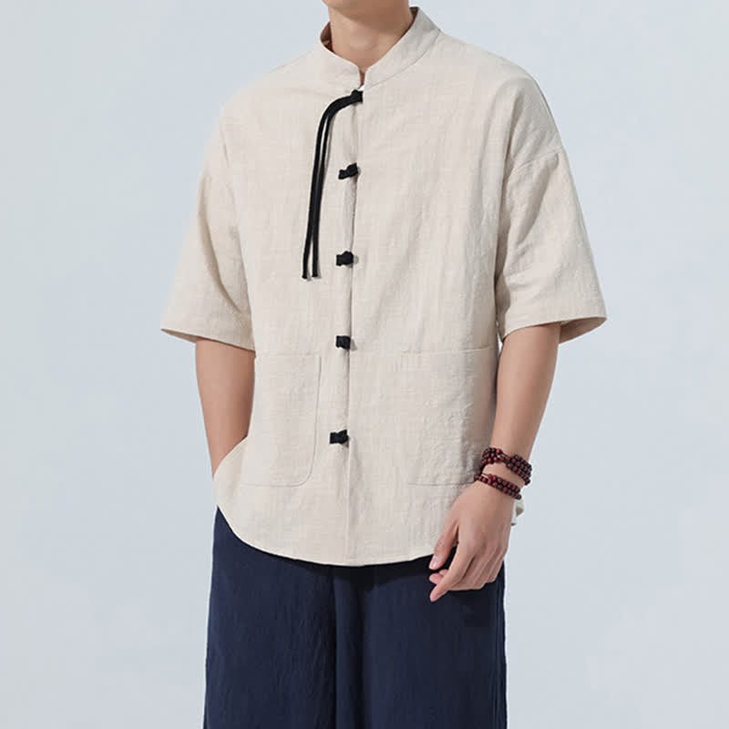 Nimara Ritual Summer Casual Mandarin Collar Frog Button Solid Men's Short Sleeve Shirt With Pockets